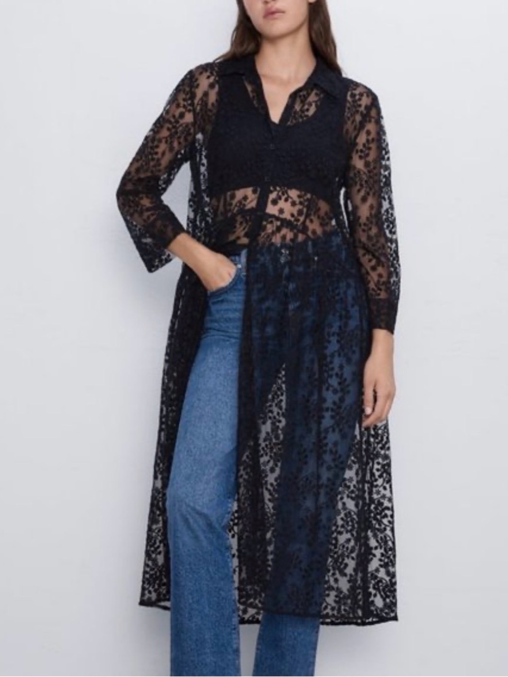 Zara Black Lace Floral Midi Shirt Dress NWT Semi-Sheer Long Cardigan L